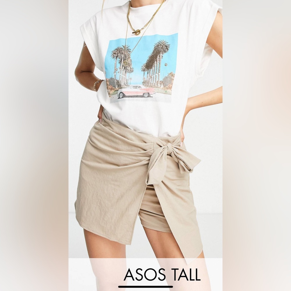 ASOS Tall natural wrap tie skort in stone - size 2